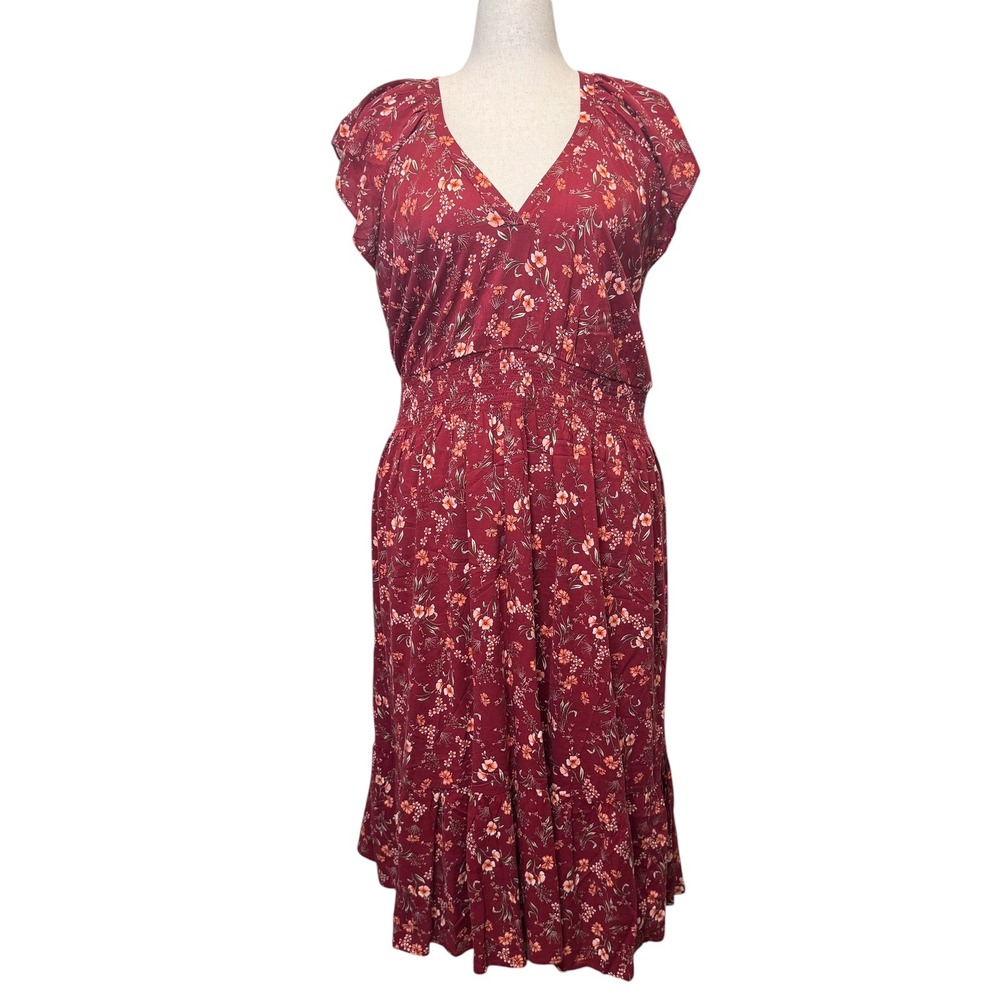 Old Navy Midi Dress 3X Red Floral Smocked Waist V-Neck Boho Cottagecore